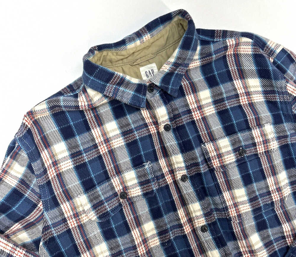 GAP Button Up Chest Pockets Long Sleeve Flannel Shirt Men XL Navy Plaid